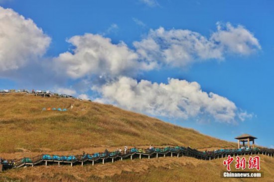 資料圖：圖為江西武功山高山草甸旁的登山步道，游客在登山。 劉力鑫 攝