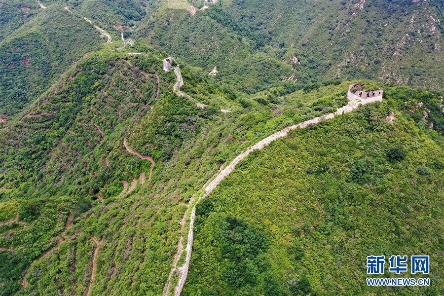這是7月13日拍攝的河北省遷安市紅峪口長城（無人機(jī)照片）。 盛夏時(shí)節(jié)，位于河北省遷安市的紅峪口長城兩側(cè)樹木蔥郁。巍峨的長城與連綿的山嶺相映襯，風(fēng)光壯美。 新華社記者 牟宇 攝
