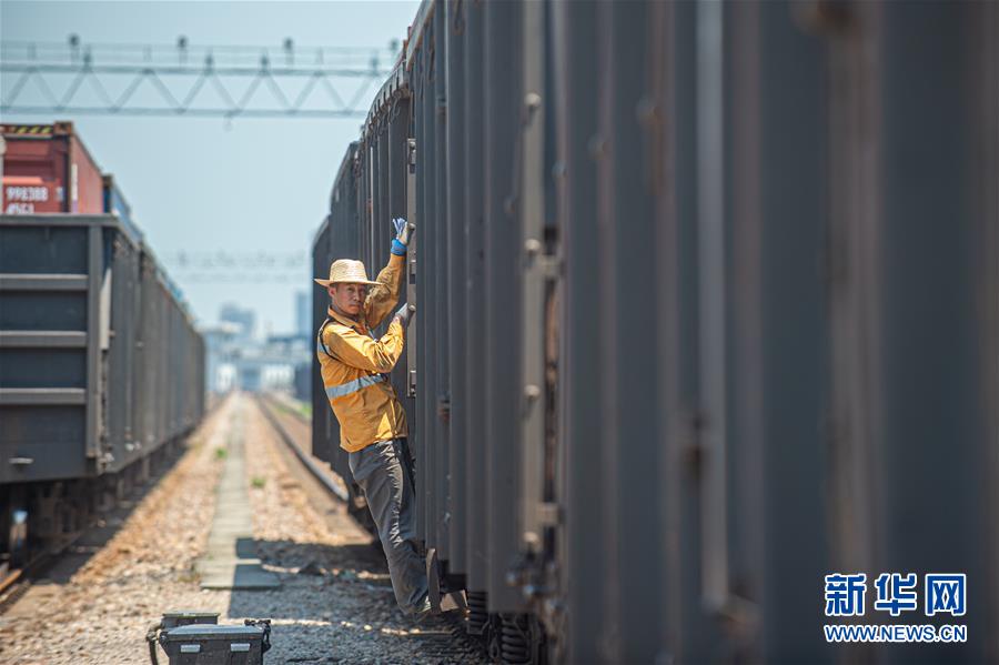 8月11日，調車員王東在車廂上進行調車作業(yè)。 當日，浙江杭州的最高氣溫超過37攝氏度。在杭州北郊的鐵路喬司編組站，調車員們頂著驕陽作業(yè)。他們將一節(jié)節(jié)車廂重新編組，發(fā)向目的地，用自己的辛勤汗水，保障著鐵路大動脈的順暢運轉。 新華社發(fā)（江漢 攝）