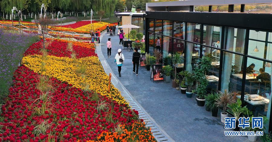 10月20日，游客在唐山市南湖景區(qū)游覽（無人機(jī)照片）。 河北省唐山市南湖景區(qū)是唐山市的“城市綠肺”，由開灤煤礦采煤沉降地經(jīng)過綜合治理形成。秋季，南湖景區(qū)層林盡染、花海斑斕、湖水清澈，景區(qū)建筑與水面交相輝映，美不勝收，成為市民休閑、健身的好場所。 新華社記者 牟宇 攝